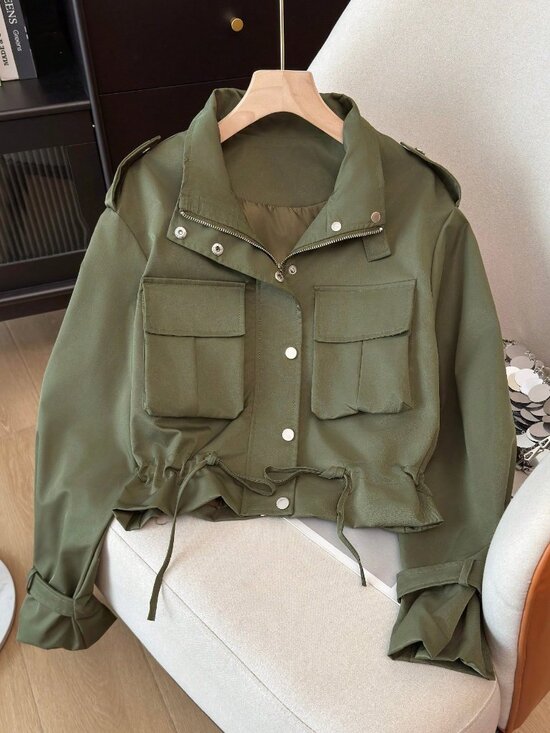 Jackets & Blazers - Army Green Women's Casual Multi-Pocket Funnel Neck Utility jacket